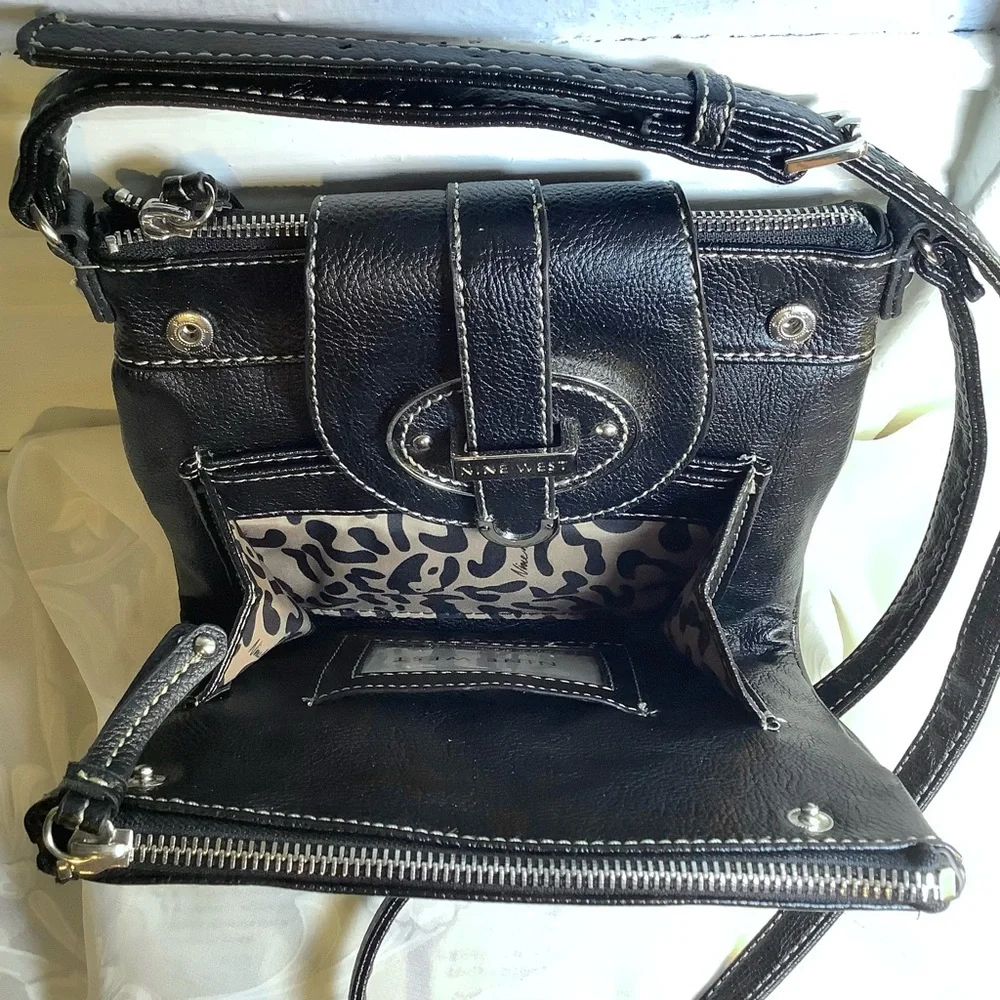 Nine West 3 Compartment Shoulder Bag Black Leopard print lined